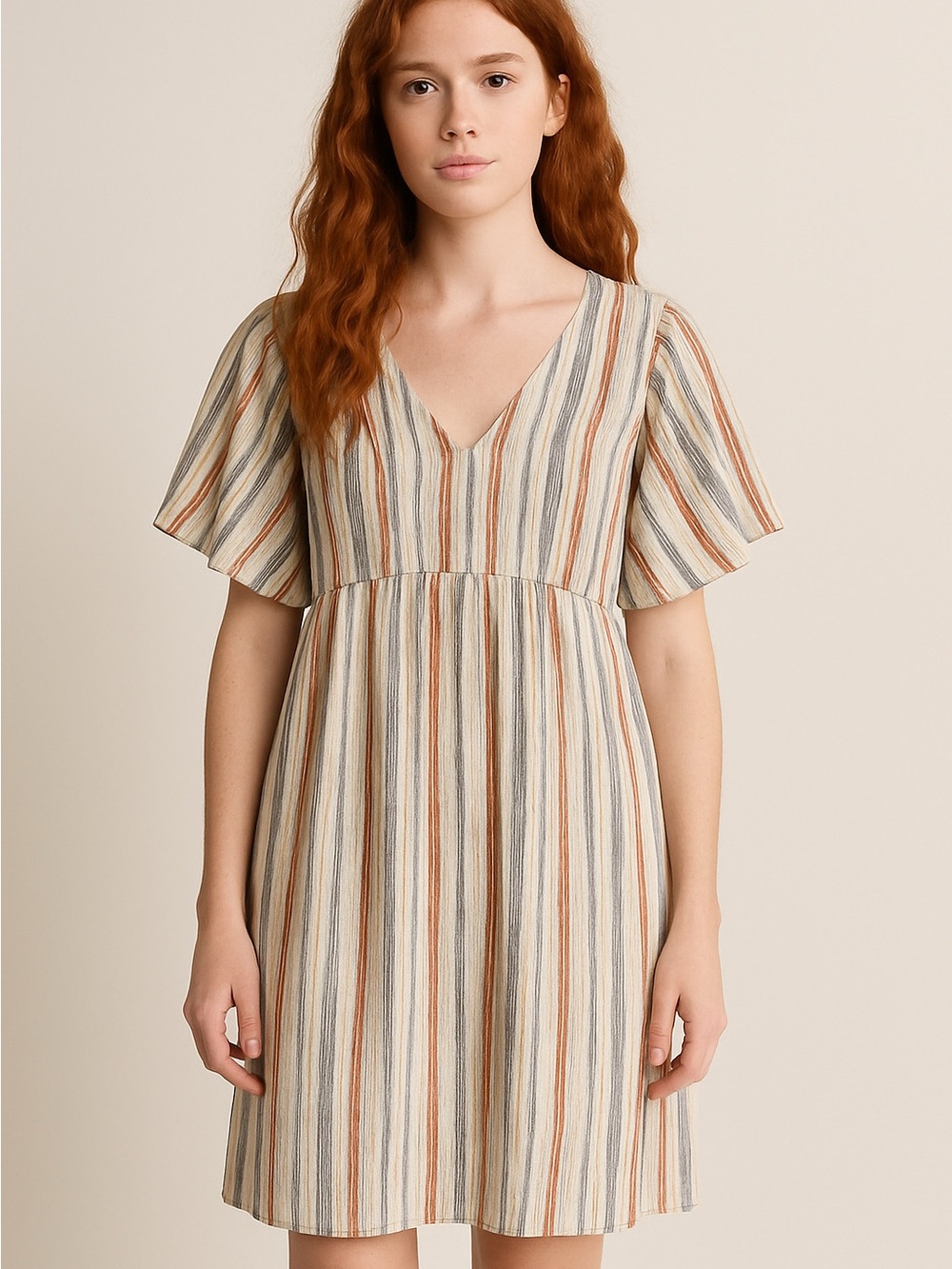 Garnet Hill Striped V-Neck Short Flutter Sleeve Dress in Cream, Rust and Gray